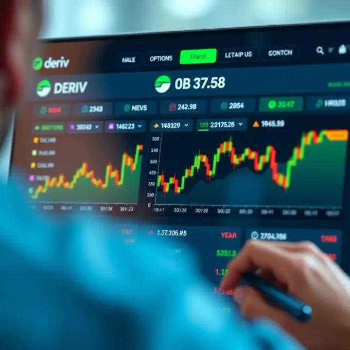 User interface of the Deriv app showing trading dashboard with charts and options