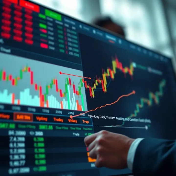 Diagram illustrating the concept of binary options trading with fluctuating market charts and decision points