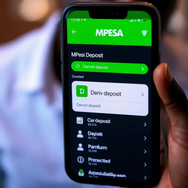 Mobile phone screen displaying MPESA menu with Deriv deposit option highlighted