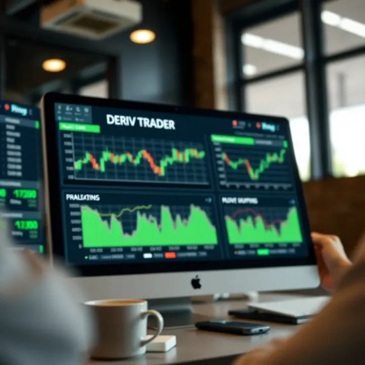 User interface showcasing Deriv Trader platform with charts and trading options visible