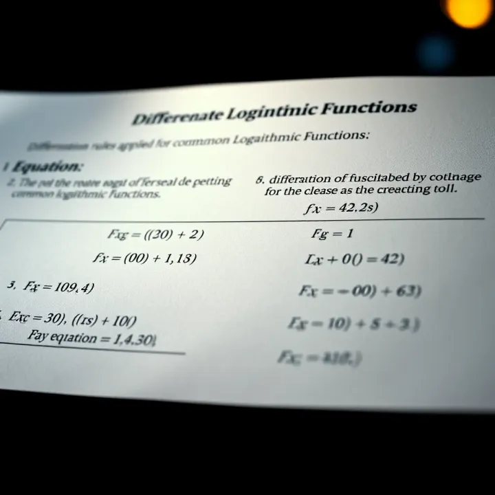 Differentiation Rules for Common Logarithmic Functions Diagram showing differentiation rules applied to common logarithmic functions with example equations