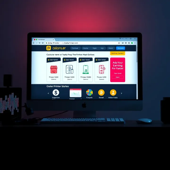 Illustration showing a computer screen displaying the DollarPrinter.com website interface with icons representing online earnings