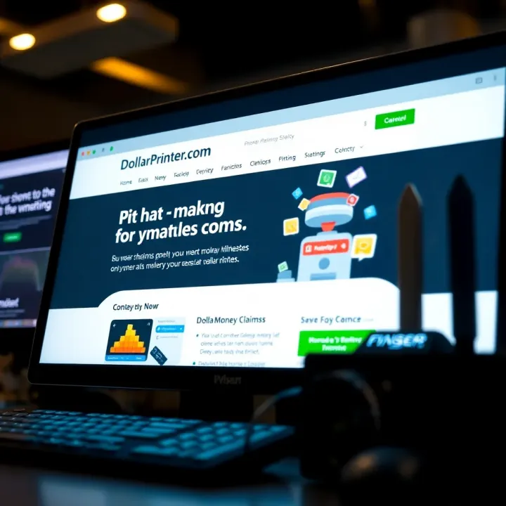 Illustration showing a computer screen displaying DollarPrinter.com website highlighting money-making claims