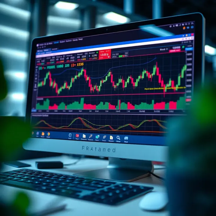 Computer screen displaying forex trading charts and automated trading software interface