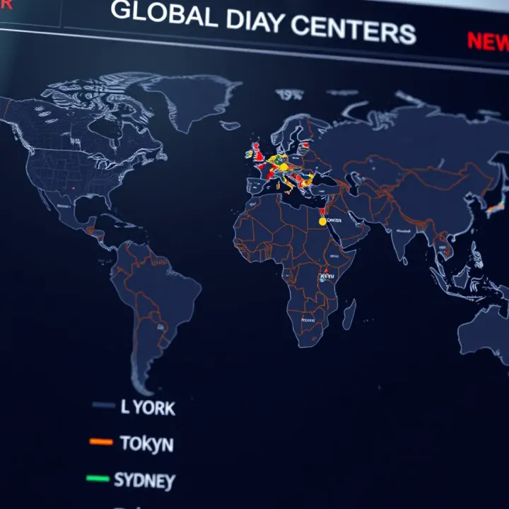 Global Trading Centers with Time Zones in Kenyan Time World map highlighting key global trading centers including London, New York, Tokyo, and Sydney with corresponding time zones converted to East Africa Time