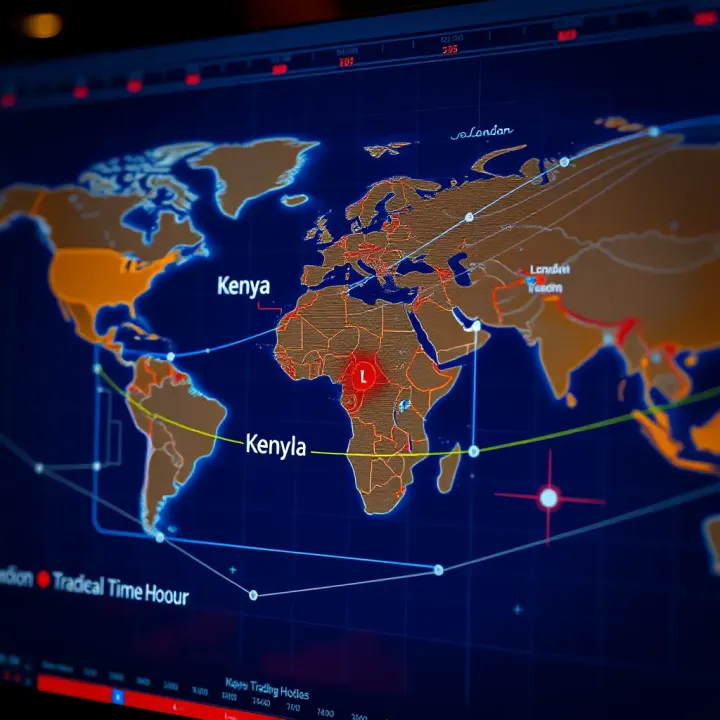 World map highlighting Kenya and London to illustrate global time zone differences affecting trading hours