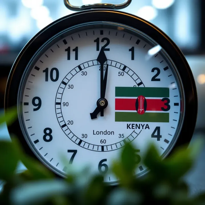 Clock showing time zones of London and Kenya with arrows indicating time difference