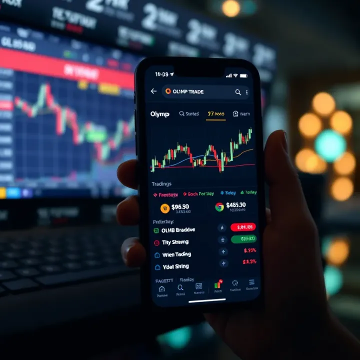Mobile device displaying the Olymp Trade app interface with trading charts and options