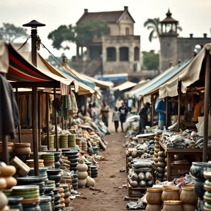A vibrant Kenyan outdoor market with diverse goods displayed under colorful tents