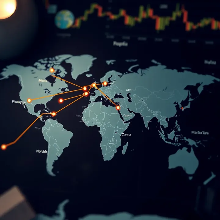 World map highlighting major trade routes and key exporting and importing countries