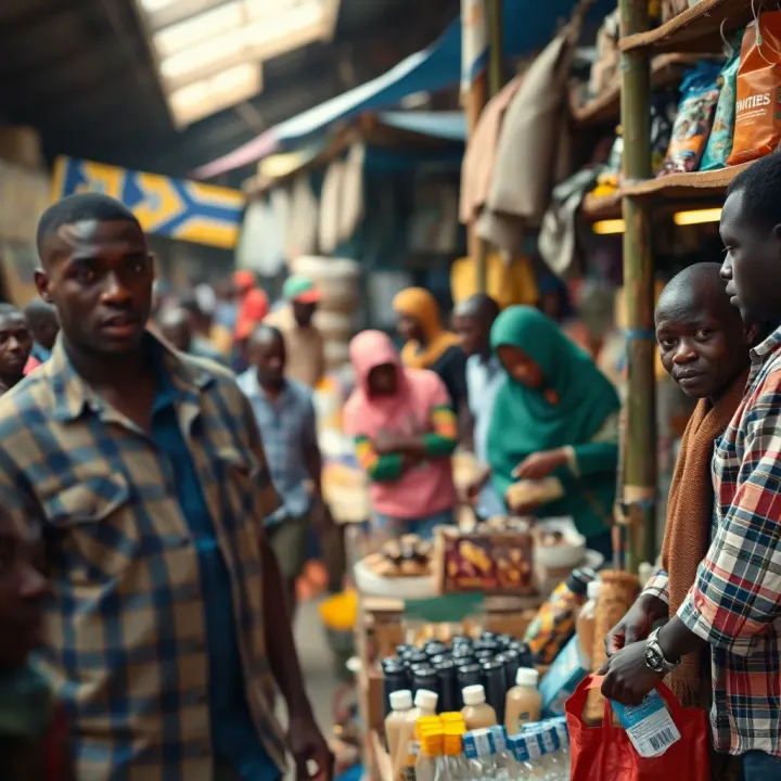 A vibrant Kenyan market scene showing various traders engaging with customers and showcasing diverse local products