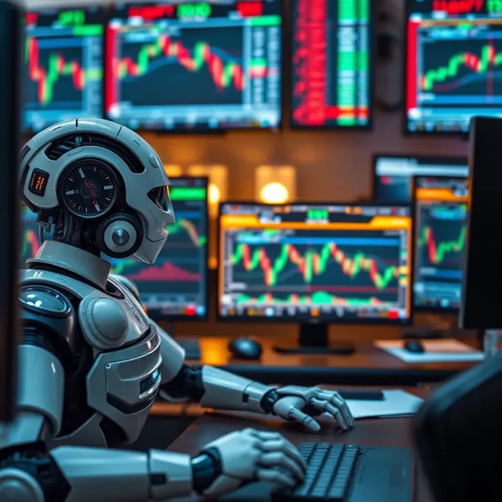 Automated trading software analyzing financial market data on computer screens