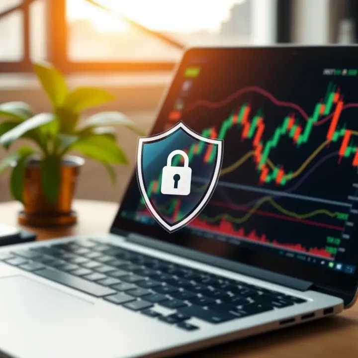 Security shield icon overlaying a laptop screen with trading charts to represent secure online trading
