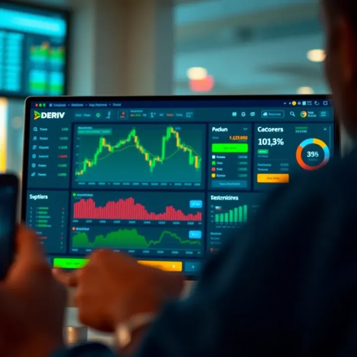 Trading dashboard on www.deriv.com displaying charts, account balance, and trading options after successful login
